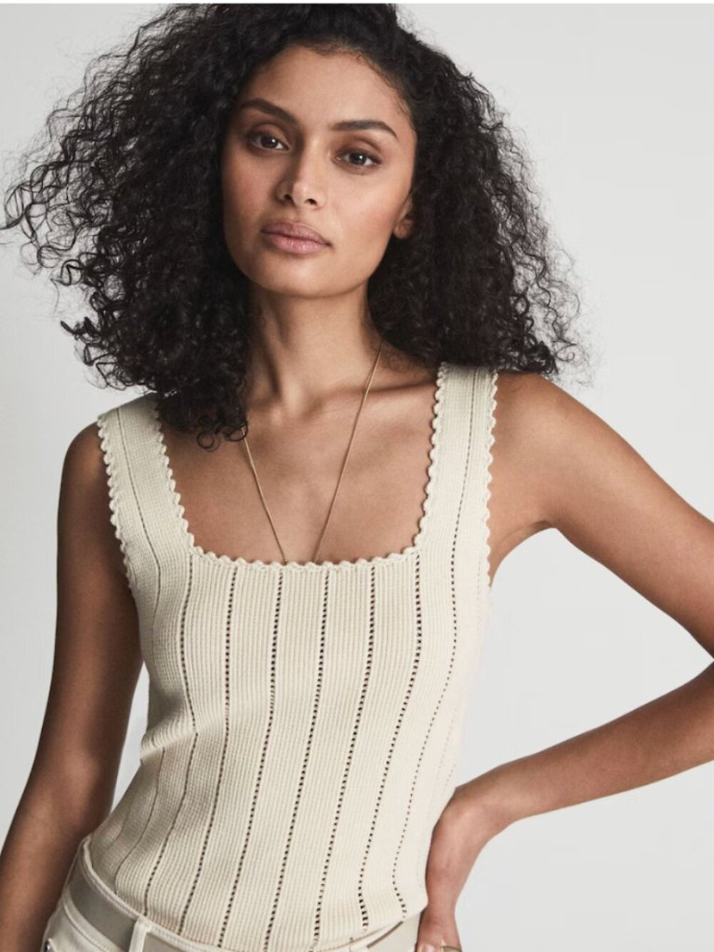 Reiss Dory Stitch Interest Square Neck Tank Vest Top Cream Size S